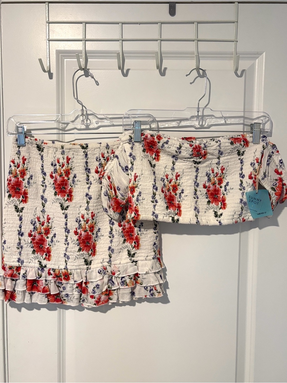 Forever 21 White Floral Mini Skirt Set with Red and Blue Details